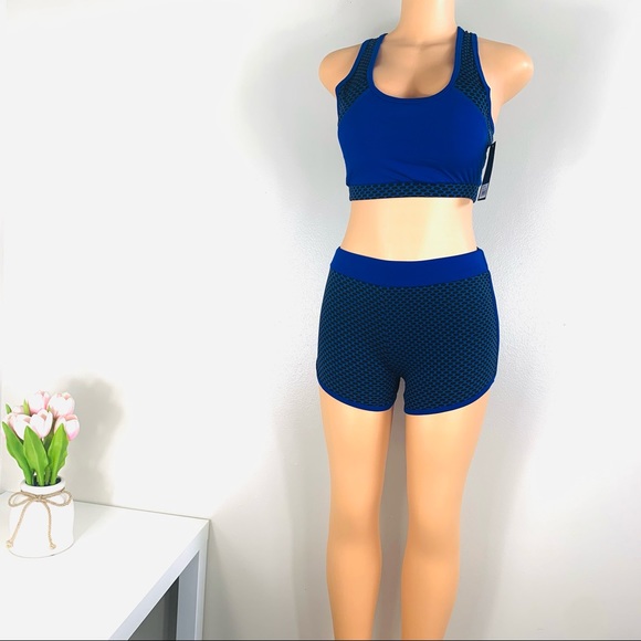💙 Women’s Sports Bra & Shorts Set Blue & Black Size M/L - Picture 5 of 7